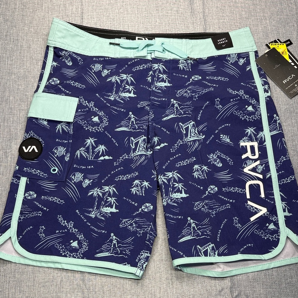 RVCA Navy and Light Green Tropical Board Shorts